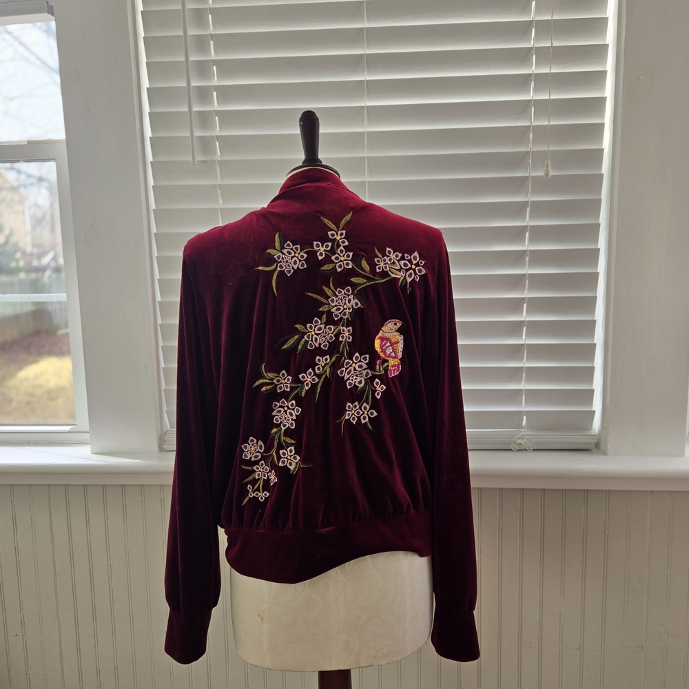 Floral Embroidered Velvet Bomber Jacket - Burgundy